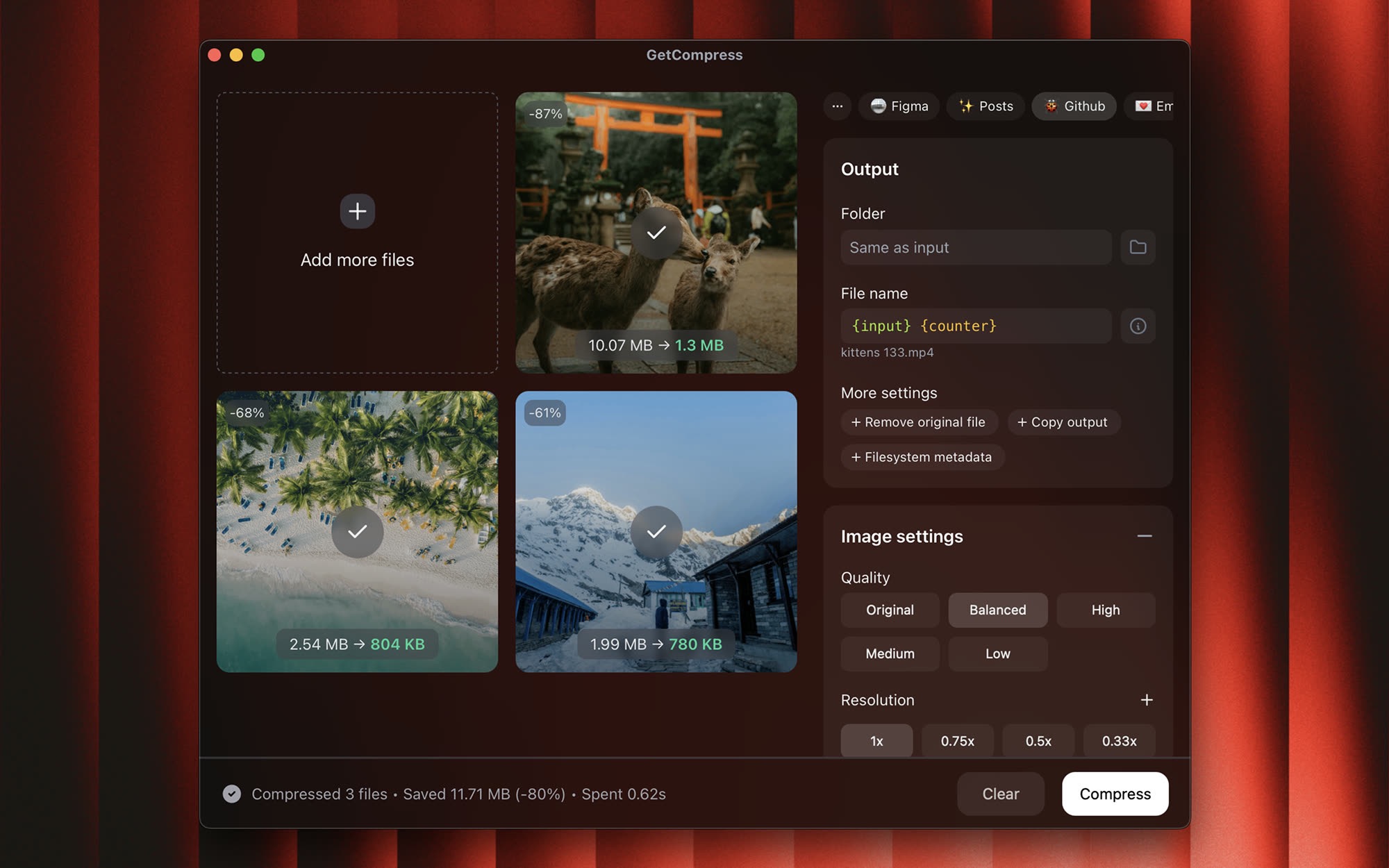 GetCompress app preview showing local media compression workflows